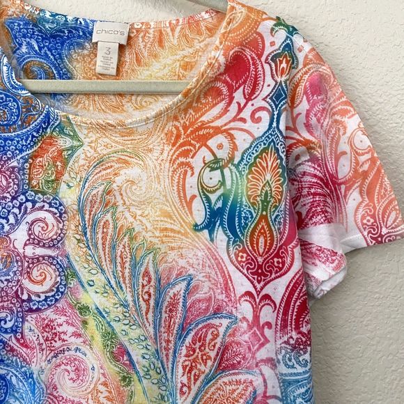 Chico's Shirt Womens Size 3 XL Boho Paisley Short Sleeve Multicolor - Picture 3 of 9